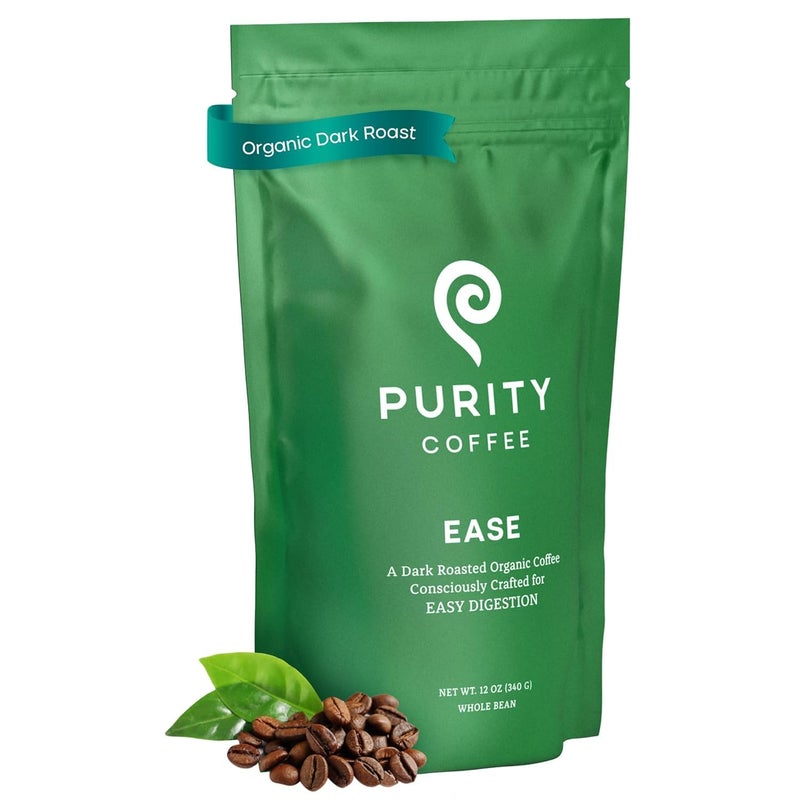 Purity Coffee EASE Dark Roast Low Acid Organic Coffee - USDA Certified Organic Specialty Grade Arabica Whole Bean Coffee - Third Party Tested for Mold, Mycotoxins and Pesticides - 12 oz Bag - Image 1